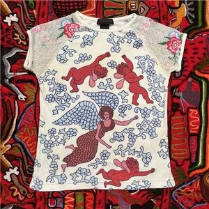 CUSTO BARCELONA Vintage Baby Top Crochet Sleeve Small Angels Cherubs Floral Euro